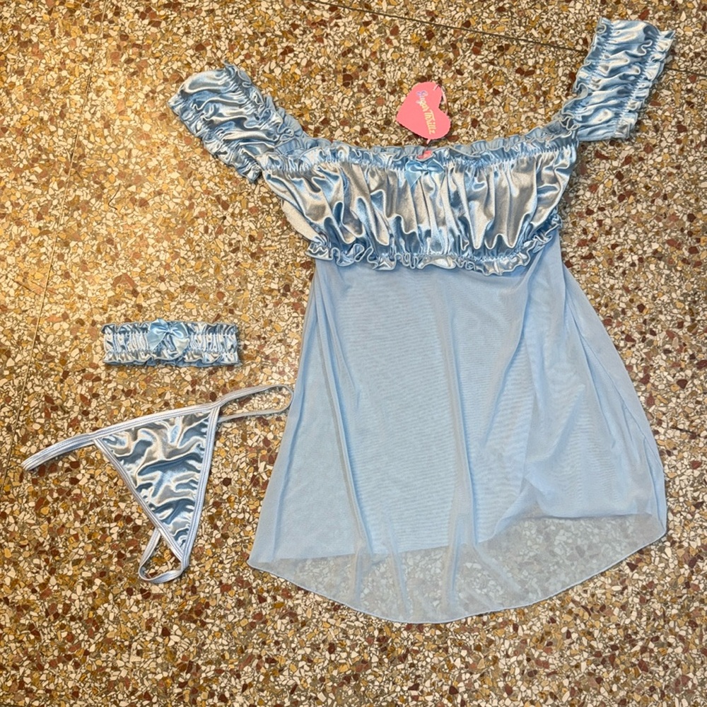 Dolls Kill Sugar Thrillz blue babydoll off-the-shoulder dress or top with panty